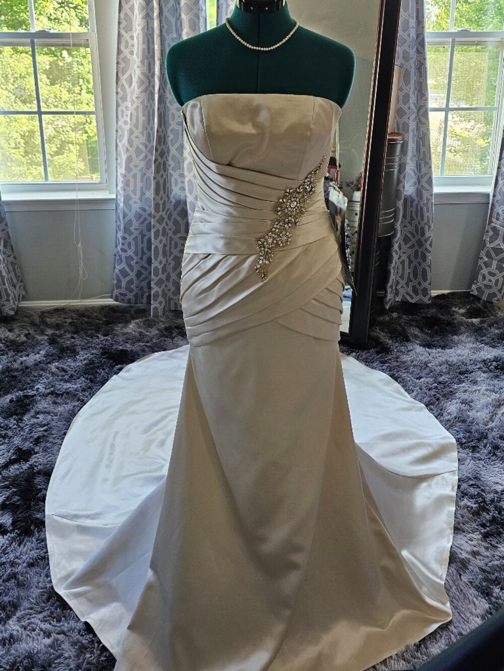 Emerald Bridal Champagne Strapless Ruched Trumpet Wedding Gown, Size 6 NWT
